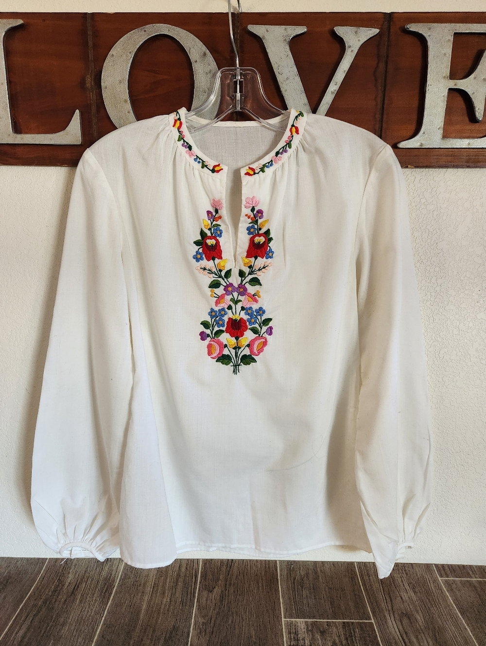 White Embroidered Peasant Blouse - Floral Detail - S/M